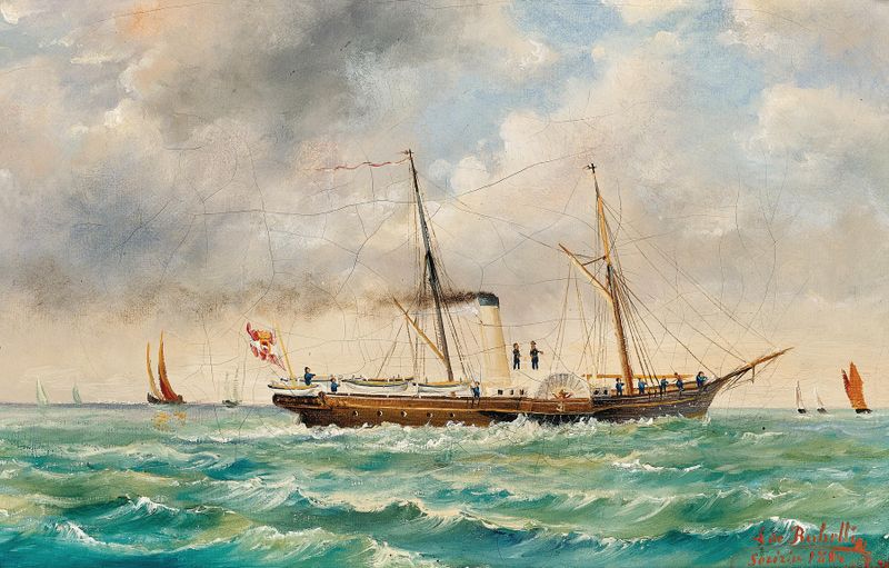 Um iate imperial e real de Ludwig Rubelli von Sturmfest, pintura a óleo que retrata um majestoso barco na água.