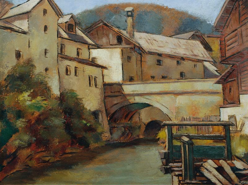 Pintura de paisaje al óleo de Anton Hula con un río y un puente al atardecer.