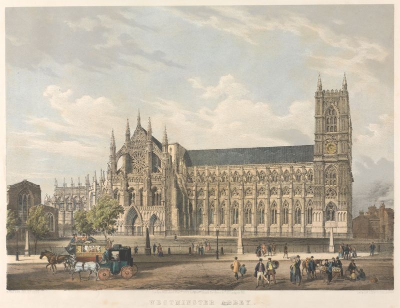 Westminster Abbey by Edmund Walker, Gothic architecture with stained glass and light reflections.
