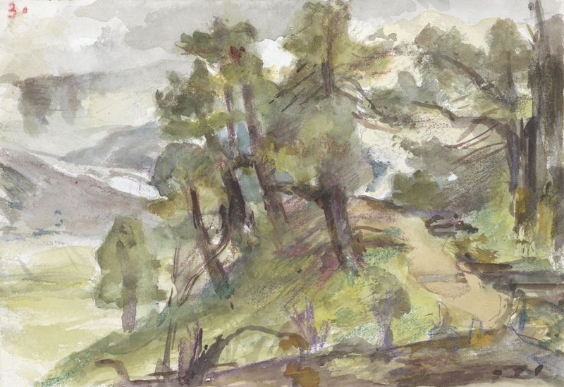 Bosrijk heuvellandschap de Jozef Israëls, óleo sobre tela retratando uma paisagem florestal serena.