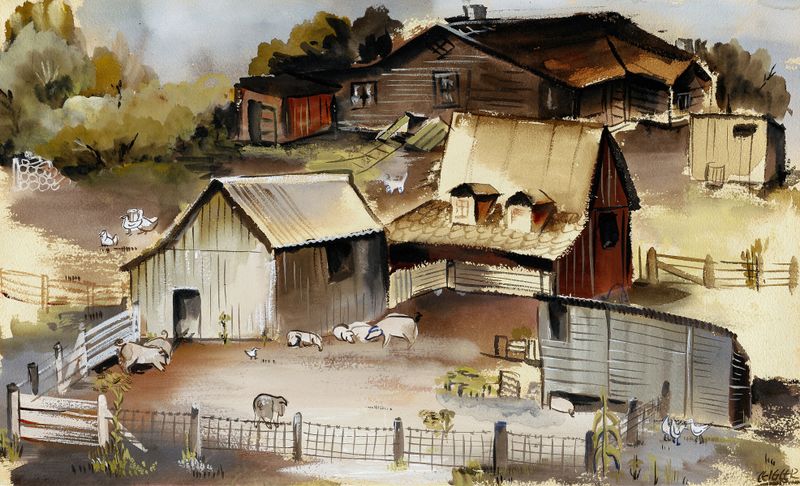 Iowa Farm de Ruth Ziegler, óleo sobre lienzo que representa colinas y luz solar.
