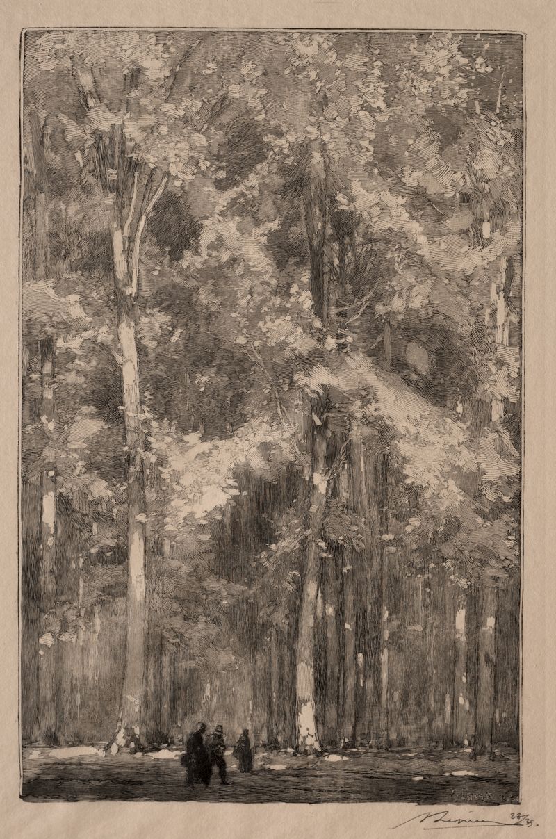 Gravura de Auguste Louis Lepère retratando uma paisagem tranquila com luz da manhã e folhagem.