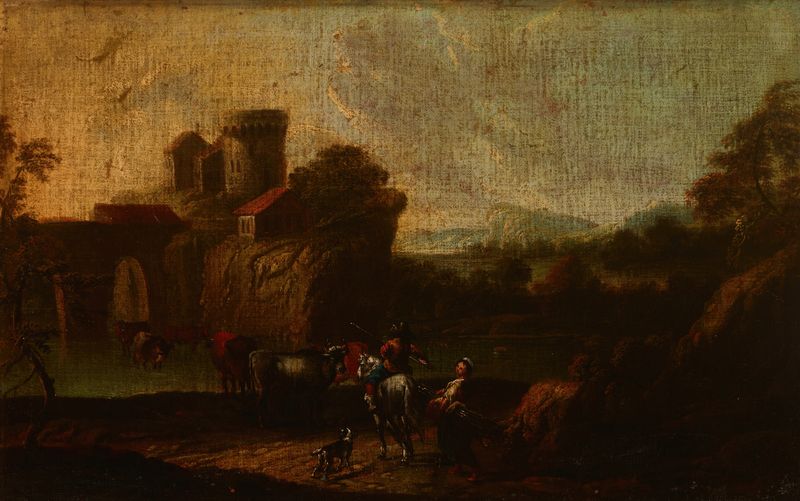 Paisagem de Cornelis Thim, óleo sobre tela representando campos e um pôr do sol.