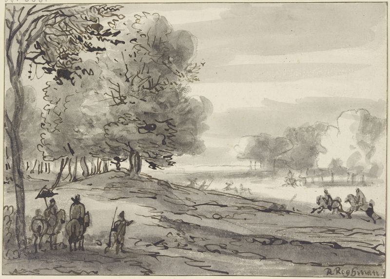 Landschaft mit einer Parforcejagd de Roelant Roghman, óleo que muestra a una dama a caballo con un parasol.