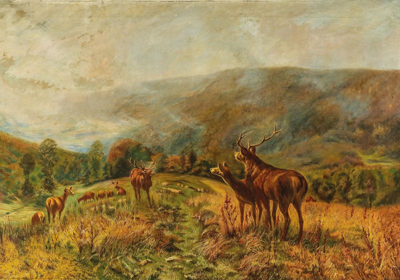 Rotwildrudel de Christian Kröner, retratando um grupo de cervos em uma floresta, pintura a óleo