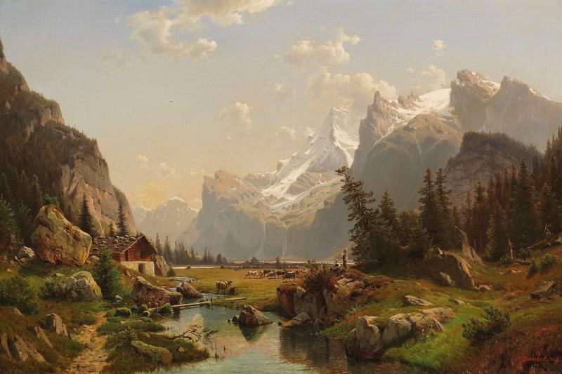 Landscape of Das Gasterntal im Berner Oberland by Johannes Bartholomäus Duntze, oil painting.