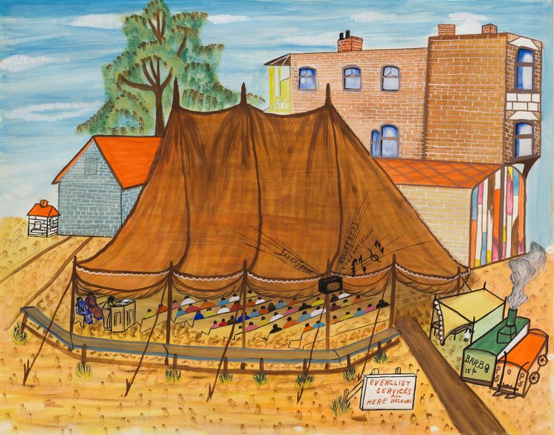 The South Side Religious Tent, Open Air de Fred Hollingsworth, retratando uma tenda brilhante em uma paisagem.