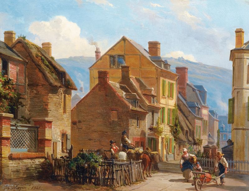 The Rosiers Street In Trouville by Charles-Louis Mozin, oil on canvas depicting urban life.