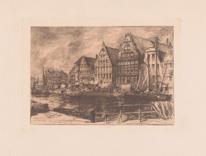 Landscape of Gezicht op de kade in Gent by Armand Heins, oil painting depicting water and reflections.