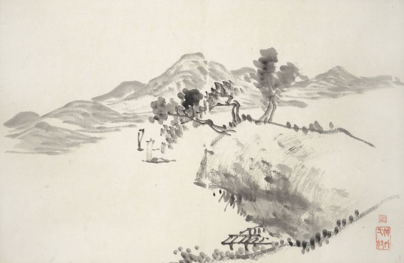 Ink on paper by Hine Taizan depicting a butterfly and flora