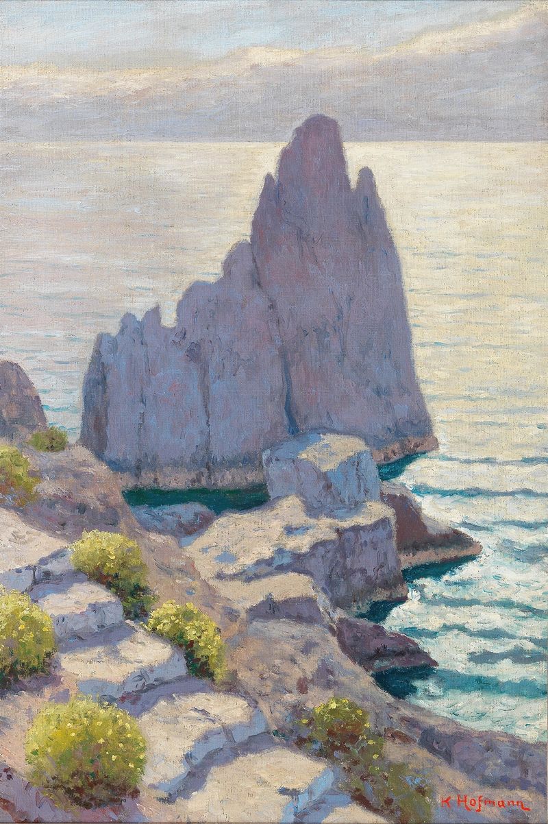 Capri by Karl Hofmann, an impressionist oil painting depicting cliffs and the sea.