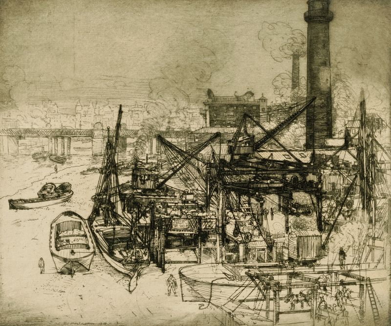 Chimneys and Cranes on the Thames by Donald Shaw MacLaughlan, oil on canvas depicting a river landscape with industry