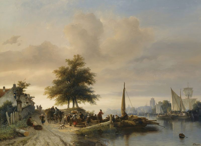 The Ferry On The Maas Near Dordrecht, oil on canvas by Salomon Leonardus Verveer
