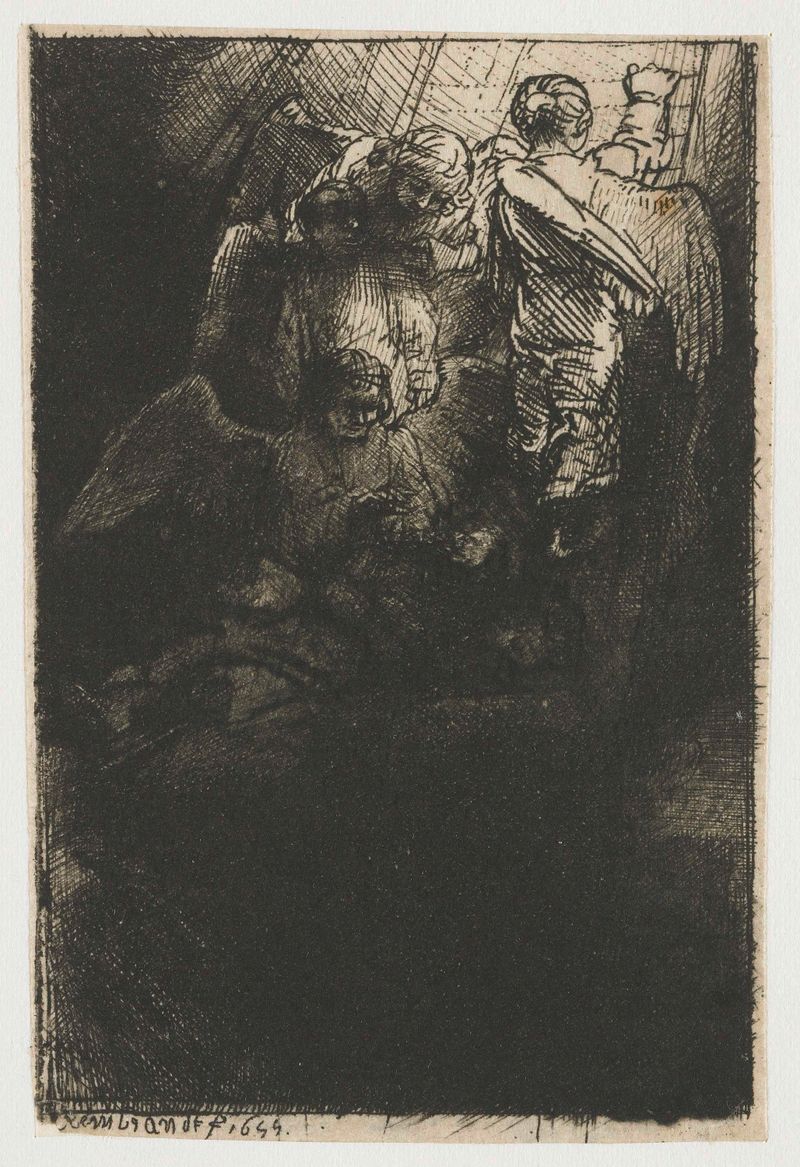 Grabado Jacob's Ladder de Rembrandt van Rijn, con figuras iluminadas en luz suave.