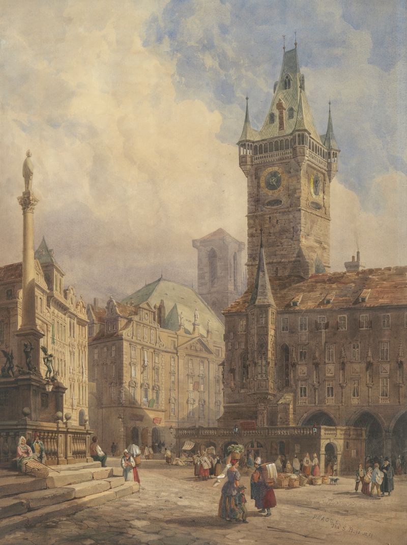 Rathaus da Praça da Cidade Velha, Praga, de Thomas Shotter Boys, pintura a óleo que retrata arquitetura histórica.