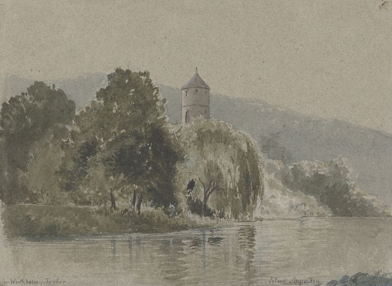 Oil painting by Friedrich Ernst Morgenstern depicting a tranquil river landscape at twilight.