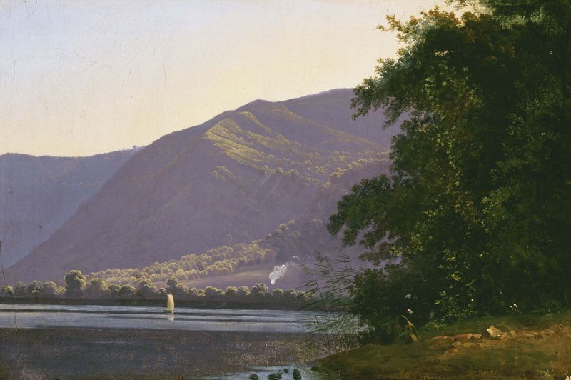 View of Lake Nemi by Antoine-Fèlix Boisselier, depicting a serene landscape with water and trees, oil painting.