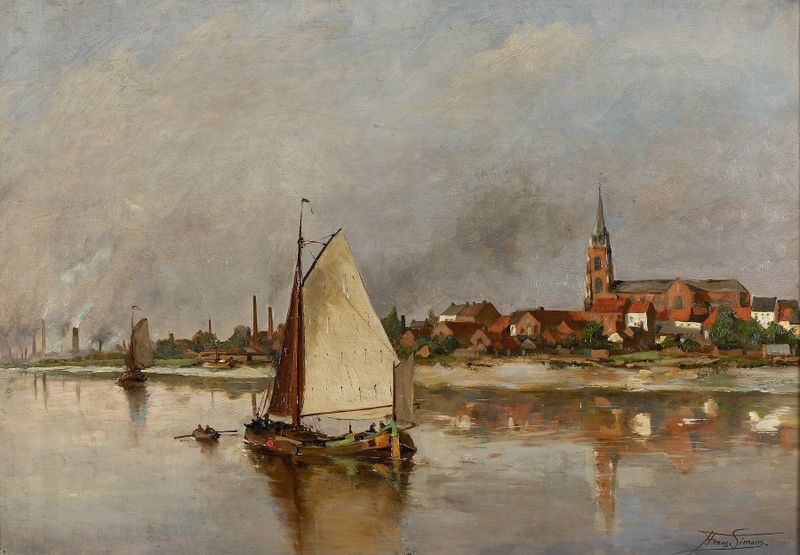 Otters under sail on the Rupel by Frans Simons, oil painting depicting playful otters on a river