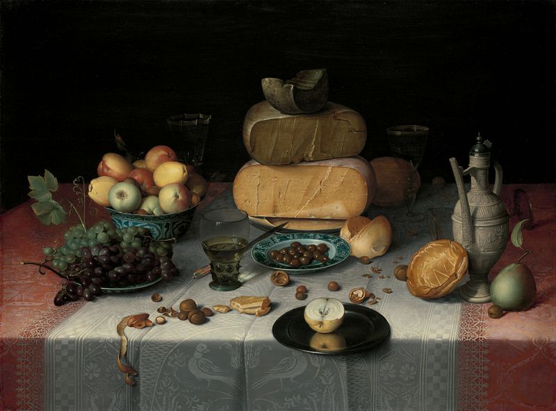 Natureza morta com queijo, frutas e pão, óleo sobre painel de Floris Claesz van Dijck