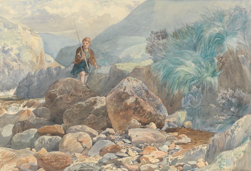 Pintura al óleo de Walter Goodall que muestra a un niño pastor cruzando un río