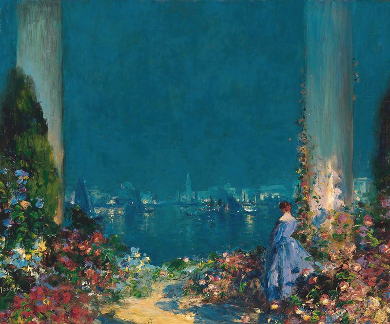 Twilight landscape of Venice with canals, oil on canvas by Thomas Edwin Mostyn