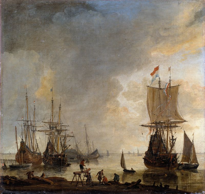 O estaleiro em Amsterdã de Reinier Nooms, retratando navios e velas em um cenário marinho.