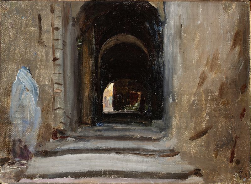 Via Dolorosa en Jerusalén de Jan Ciągliński, figuras sobre adoquines, pintura al óleo