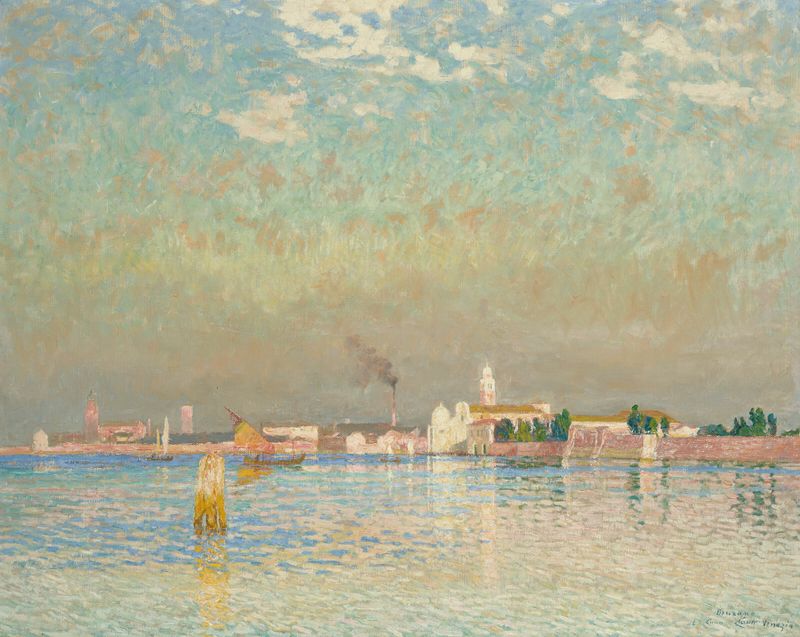 Vue de Murano, Venise by Emile Claus, oil on canvas depicting serene waters and architecture.