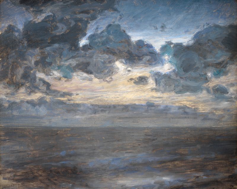 Midsummer Night at Tisvilde Beach, óleo sobre lienzo de Julius Paulsen, que representa una escena de playa serena.