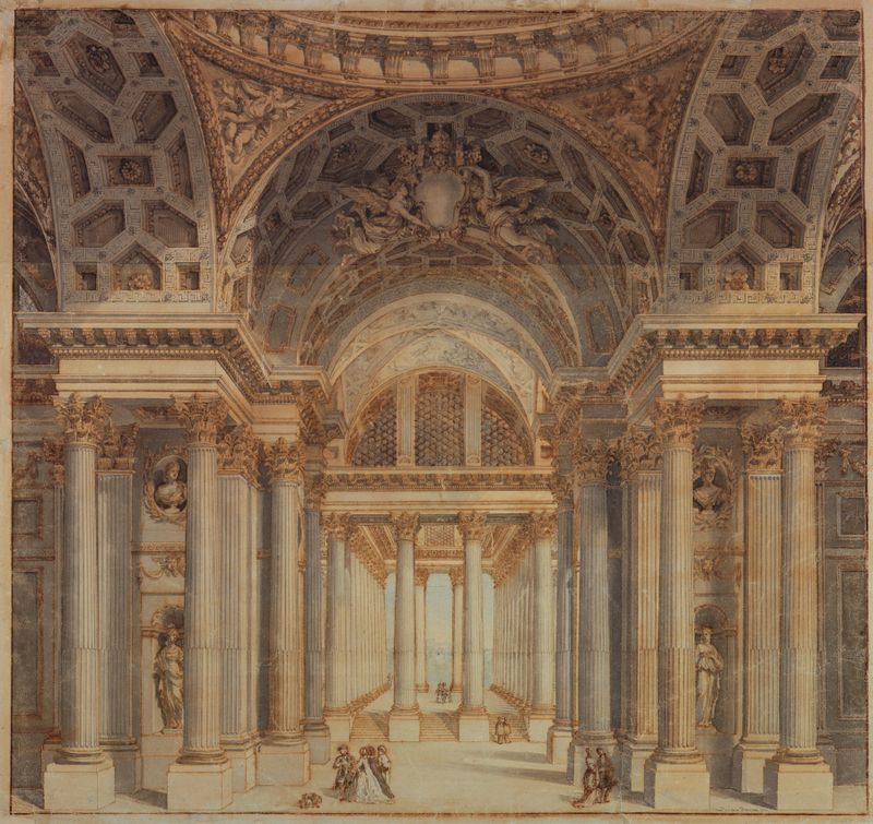 Design interior rococó do Palácio Papal por Artista Desconhecido, apresentando detalhes ornamentais do teto.