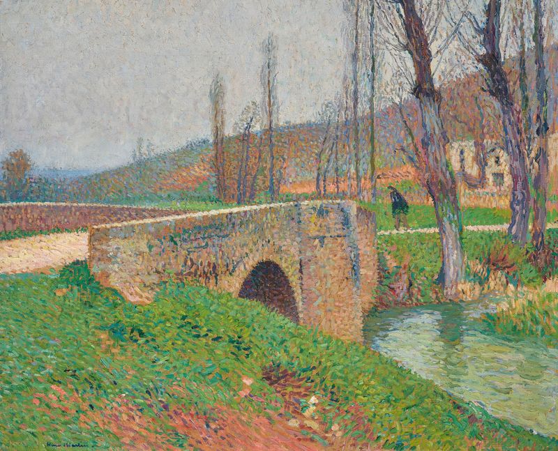 Paisaje postimpresionista de Henri Martin con un puente sobre un río bajo un cielo gris