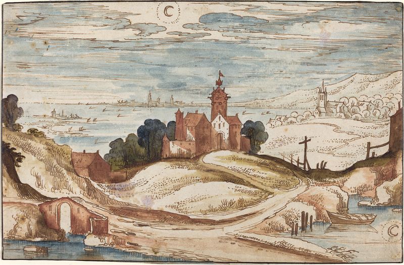Paisaje con Chateau en una Colina de Joos de Momper, pintura al óleo que representa un chateau al atardecer.