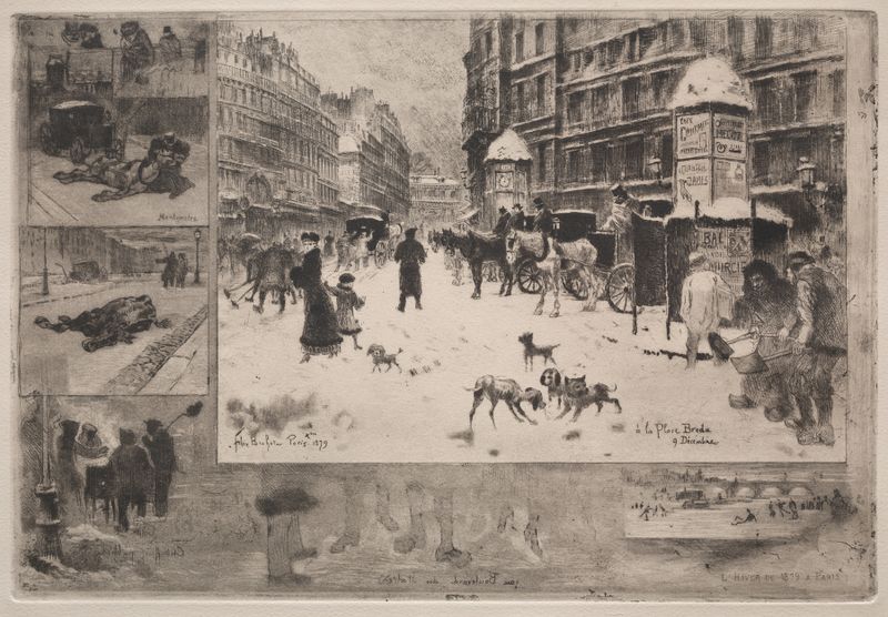 Winter in Paris by Félix Hilaire Buhot, oil painting depicting a snowy cityscape.