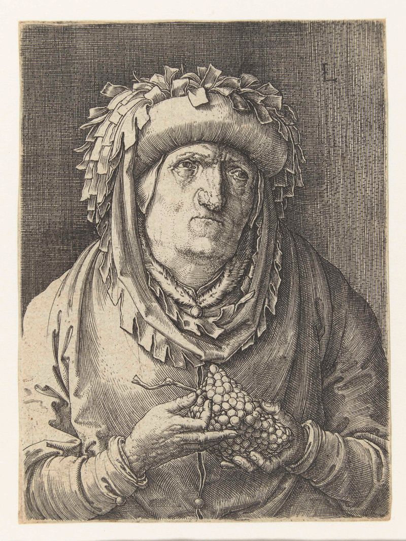Retrato de um velho com um cacho de uvas, gravura de Lucas van Leyden