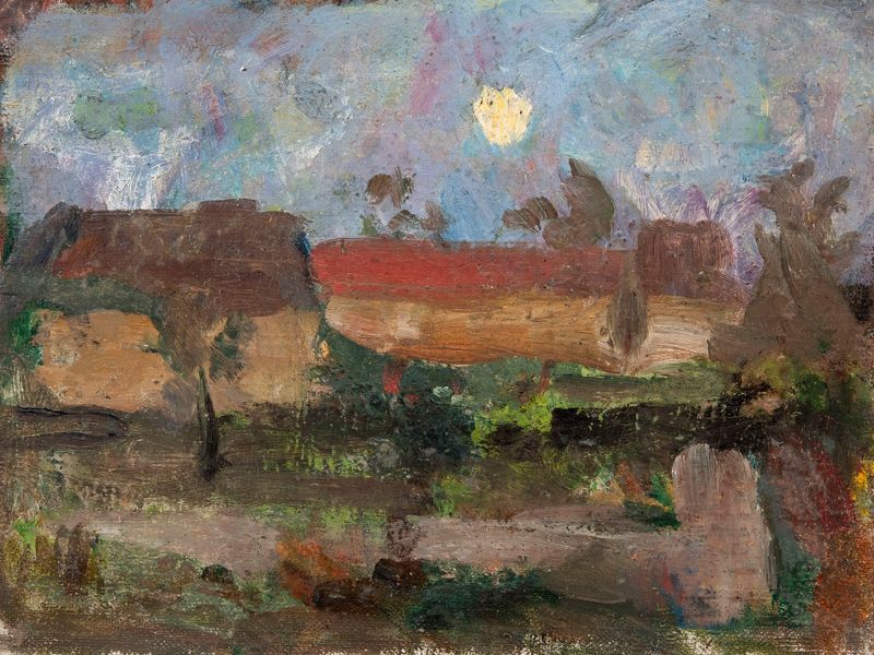Luz da lua sobre uma vila adormecida, óleo sobre tela de Tadeusz Makowski