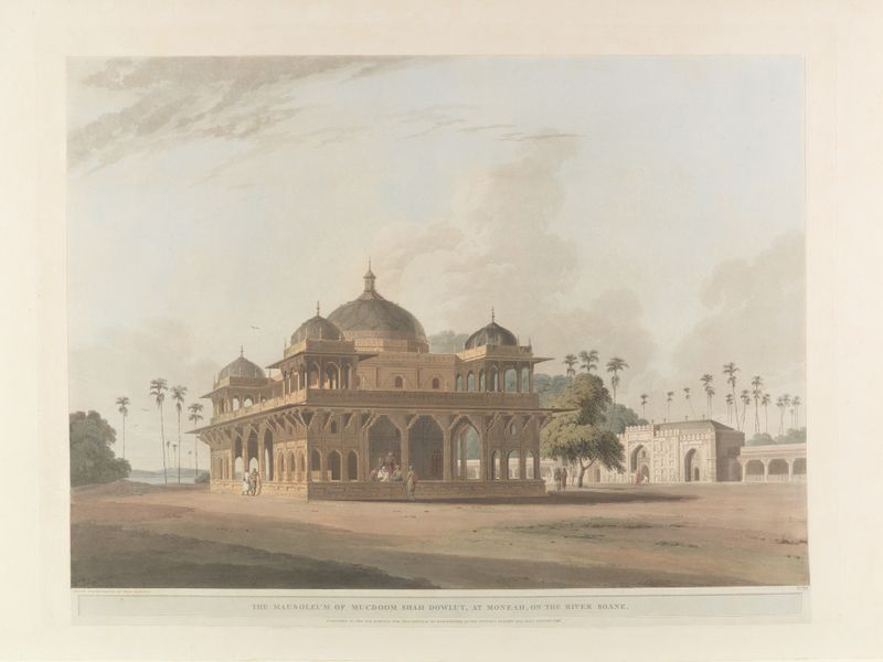 Oriental scenery Pl.12 grabado de Thomas Daniell que muestra colinas tranquilas y un cielo suave.