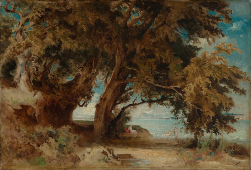 Oil painting by Emil Lugo depicting women wading in a lake surrounded by trees.