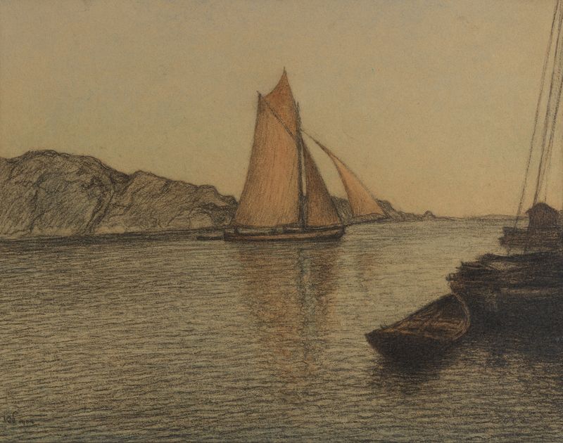 Sailors in the Strait by Karl Nordström, oil painting depicting sailboats on a vibrant sea
