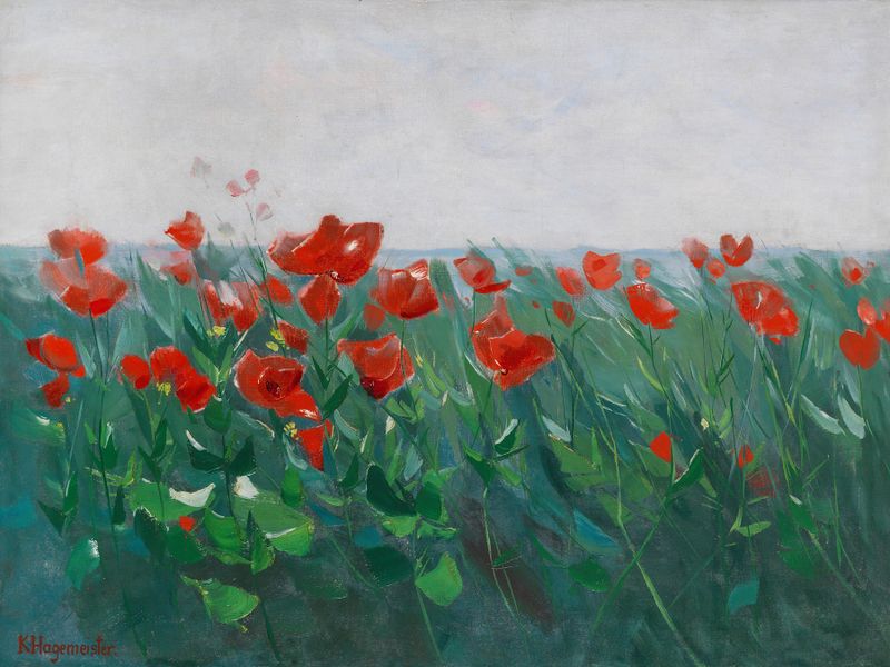 Roter Mohn am Seeufer by Karl Hagemeister, oil painting depicting poppies by a lake