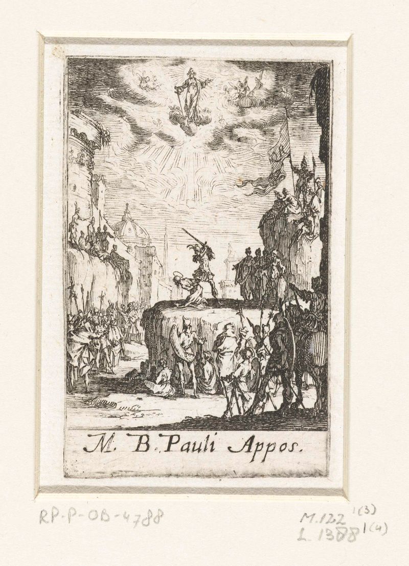 Etching by Jacques Callot depicting the martyrdom of Paul with dramatic light.