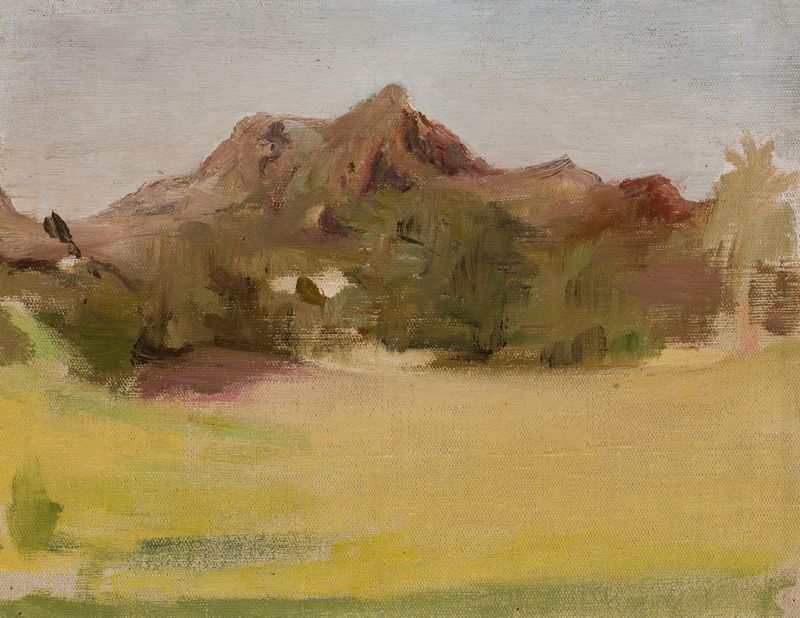 Mountain landscape by Jan Ciągliński, oil on canvas, featuring peaks and valleys under a blue sky.