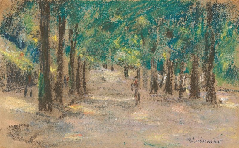 Paisagem com um caminho iluminado pelo sol e árvores de Max Liebermann, pintura a óleo