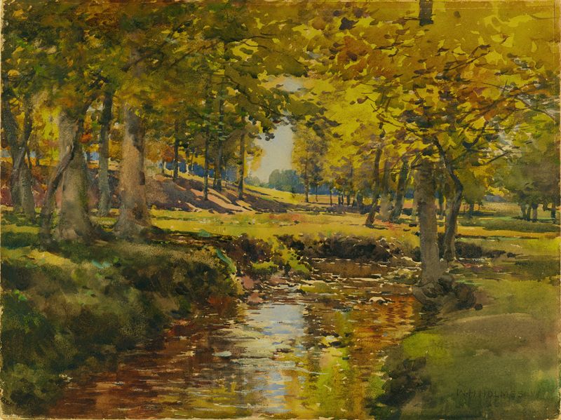 Autumn In The Meadow Edge, watercolor on paper by William Henry Holmes, depicting golden autumn leaves in a landscape.