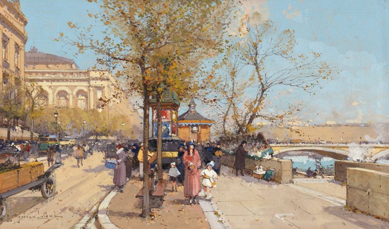 A stroll by the Seine, óleo sobre lienzo de Eugène Galien-Laloue, que representa una escena de río tranquila.