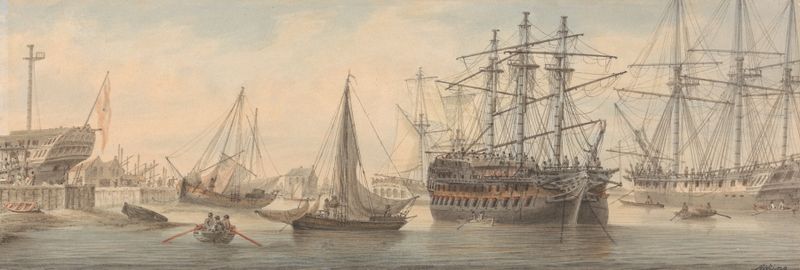 Marine scene with boats on the Thames, oil painting by Samuel Atkins