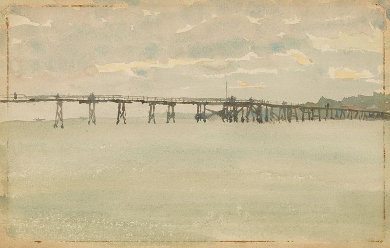 Grey and Silver–Pier, Southend by James Abbott McNeill Whistler, oil painting depicting a misty marine scene.