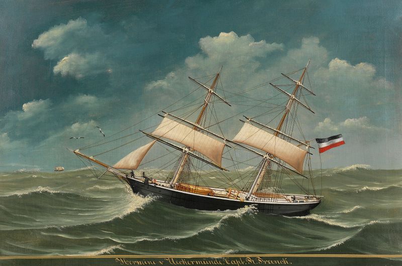 Escena marina con el barco 'Hermine von Ueckermünde' de August Lasczky, pintura al óleo