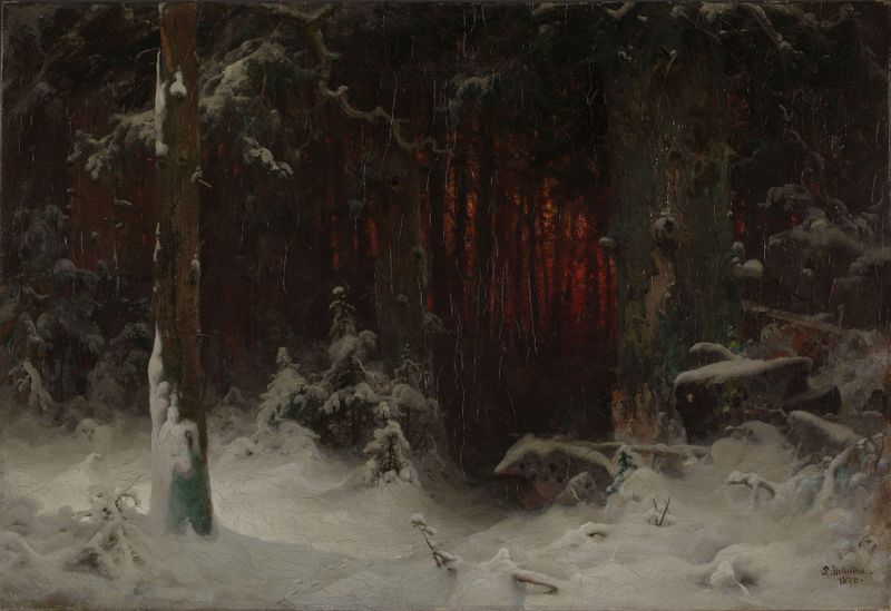 Wooded landscape in snow, oil on canvas by Ludvig Munthe
