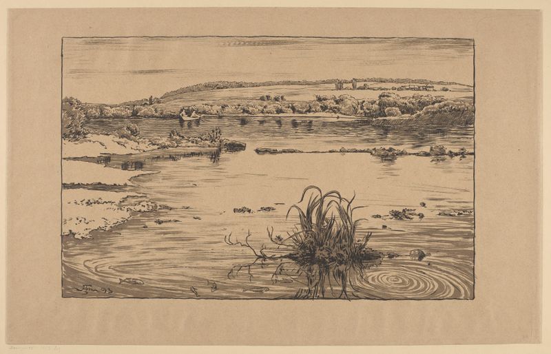 Paisaje con un Río, pintura al óleo de Hans Thoma, que muestra un río tranquilo bajo luz suave.