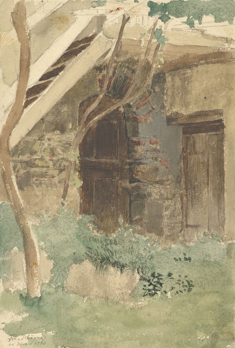 Una puerta de madera de un edificio agrícola cerca de Merano, pintura al óleo de Friedrich Eduard Meyerheim